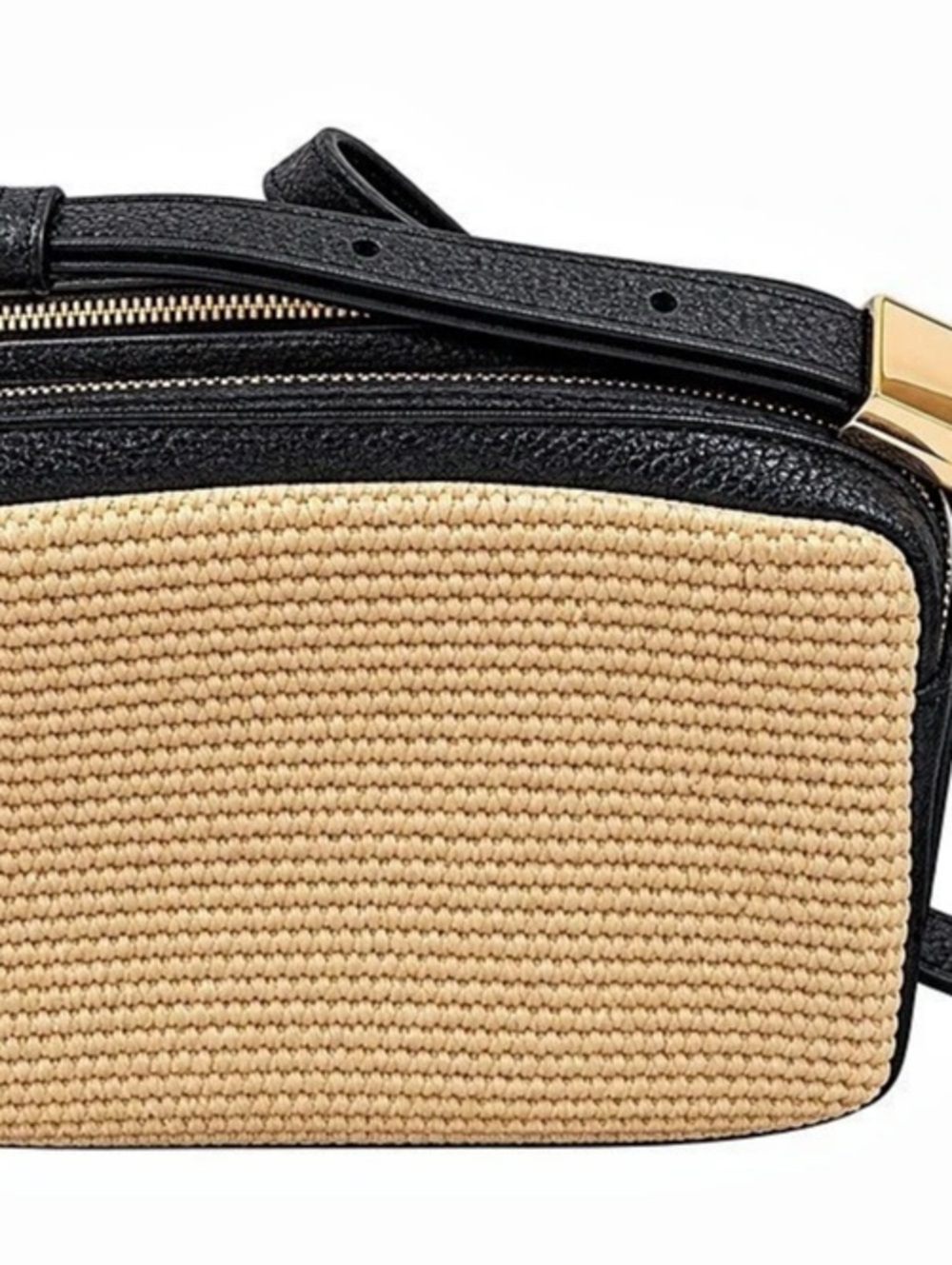 Thacker Shay Woven Straw Camera Crossbody Bag Black & Beige